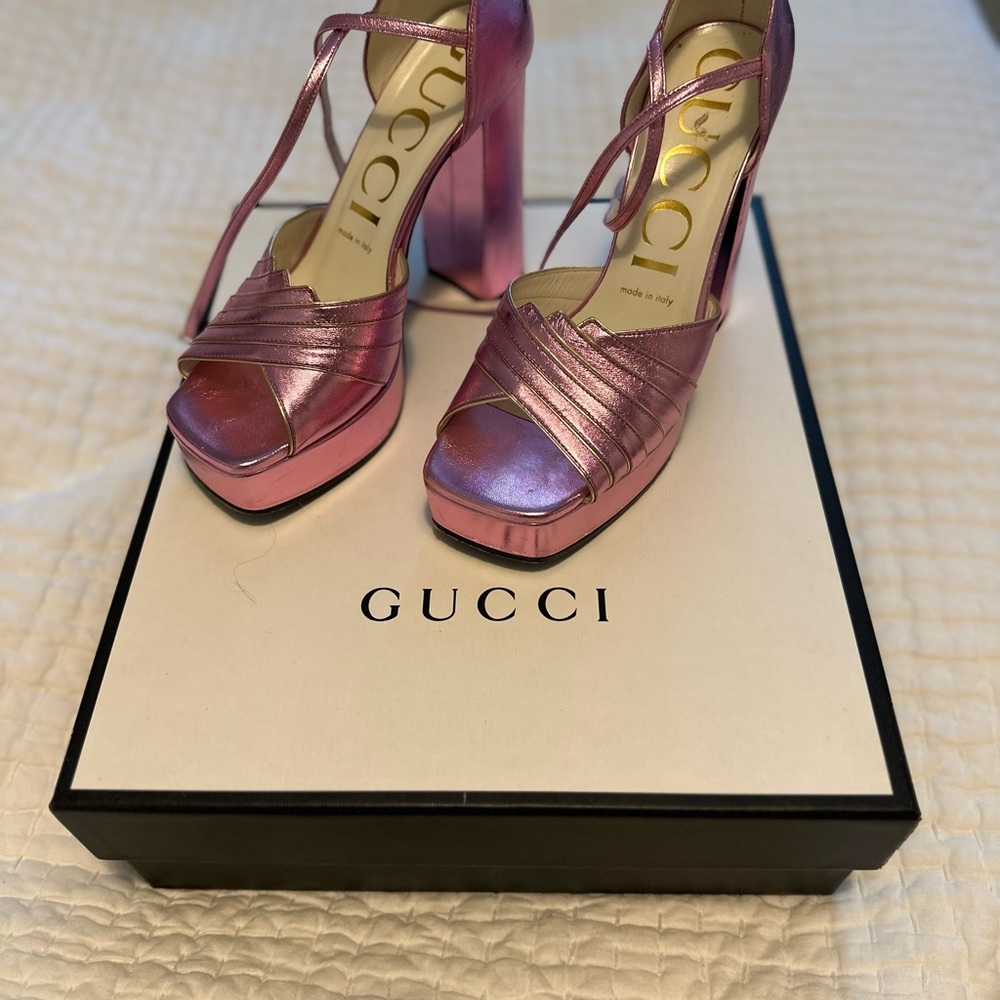 Gucci shoes Medea platform sandals metallic pink leather 38.5 - Picture 4 of 5